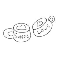 Hand gezeichnet zwei Kaffee Tassen mit Herz Formen auf das Kaffee Oberfläche und das Beschriftung Süss Liebe. Gekritzel Liebe Symbole Urlaub Clip Art. Valentinstag Tag Konzept. isoliert auf Weiß Hintergrund vektor