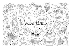 Hand gezeichnet Valentinsgrüße Tag Clip Art Satz. Gekritzel Design Elemente von Liebe Symbole, süß Figuren, Beschriftung. schwarz Elemente isoliert auf Weiß Hintergrund. vektor