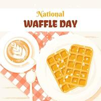 National Waffel Tag Vektor Illustration. Hand gezeichnet eben Karikatur Stil. köstlich Waffeln und Kaffee Tasse