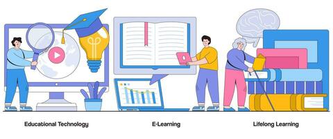 lehrreich Technologie, E-Learning, lebenslang Lernen Konzept mit Charakter. Geschäft Wissen abstrakt Vektor Illustration Satz. Fertigkeit Entwicklung, kontinuierlich Ausbildung, intellektuell Wachstum Metapher