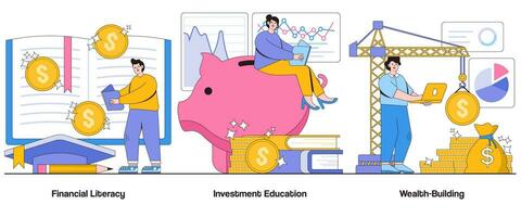 finanziell Alphabetisierung, Investition Ausbildung, Vermögensaufbau Konzept mit Charakter. finanziell Bildung abstrakt Vektor Illustration Satz. finanziell Wissen, Investition Weisheit, Reichtum Akkumulation