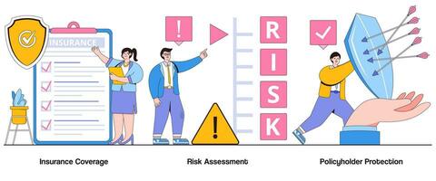 försäkring rapportering, risk bedömning, försäkringstagare skydd begrepp med karaktär. försäkring abstrakt vektor illustration uppsättning. rapportering utvärdering, risk lindring, finansiell säkerhet liknelse