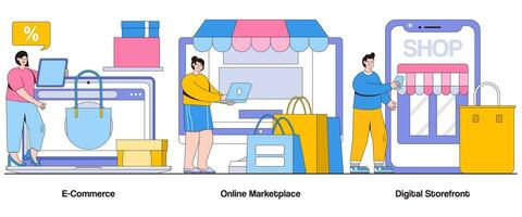 E-Commerce, online Marktplatz, Digital Schaufenster Konzept mit Charakter. online Geschäft abstrakt Vektor Illustration Satz. Digital Handel, virtuell Schaufenster, E-Marktplatz Metapher