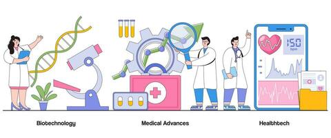 bioteknik, medicinsk framsteg, hälsoteknik begrepp med karaktär. företag liv vetenskap abstrakt vektor illustration uppsättning. innovativ behandlingar, precision medicin, hälsa genombrott liknelse.