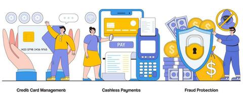 kreditera kort förvaltning, kontantlös betalningar, bedrägeri skydd begrepp med karaktär. betalning säkerhet abstrakt vektor illustration uppsättning. kontaktlös transaktioner, säkra bank, bedrägeri förebyggande