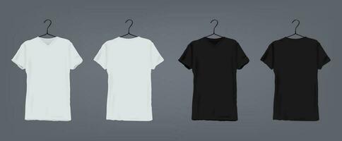 uppsättning av realistisk vit och svart unisex- klassisk t-shirt med runda urringning på täcka galge. främre och tillbaka se. vektor illustration samling på grå bakgrund.