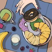 Frühstück oben Sicht. Platz mit Mittagessen. gesund, frisch Brunch- Tee, Donuts, Banane, Croissant und Beeren. bunt Hand gezeichnet Vektor Illustration.