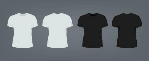 einstellen von realistisch Weiß und schwarz unisex Slim-Fit T-Shirt mit runden Ausschnitt. Vorderseite und zurück Sicht. Vektor Illustration Sammlung auf grau Hintergrund.