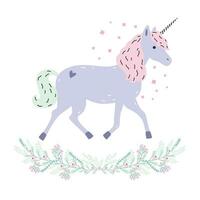 söt enhörning full längd och blommig krans. lila fantasi djur- med horn, rosa man. sida se. färgrik vektor illustration i tecknad serie stil.