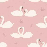sömlös mönster med vit svanar. svanens par på rosa bakgrund. färgrik vektor illustration.