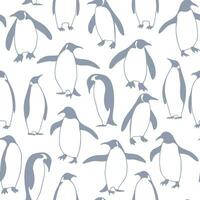 sömlös mönster med bild av en många pingviner på vit bakgrund. hand dragen svartvit vinter- design vektor