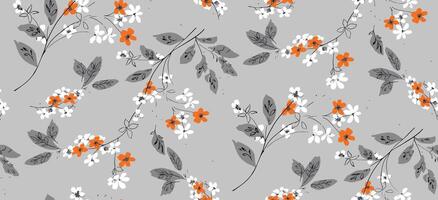 orange blommor grå och vit löv textil- design vektor