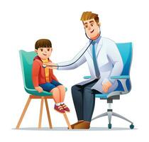 Arzt Prüfung ein wenig Junge durch Stethoskop. Gesundheitswesen medizinisch Untersuchung Konzept. Vektor Karikatur Charakter Illustration
