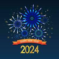 2024 glänzend golden Nummer mit Feuerwerk und Schneeflocken auf Blau Hintergrund. glücklich Neu Jahr und fröhlich Weihnachten Urlaub Gruß Karte Vektor Illustration.