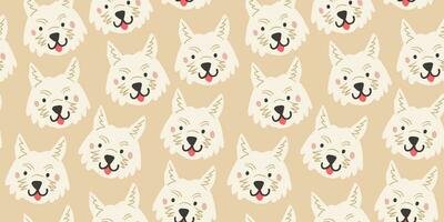 Vektor nahtlos Muster mit süß Weiß Hund Gesichter. Hund Muster auf Beige Hintergrund.