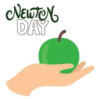 Newton Tag Text Banner. Handschrift Newton Tag Beschriftung Banner. Text Urlaub Banner mit Apfel auf Hand. Hand gezeichnet Vektor Kunst.