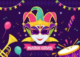 mardi gras karneval vektor illustration. översättning är franska för fett tisdag. festival med masker, maracas, gitarr och fjädrar på lila bakgrund