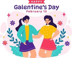 Lycklig galentinska dag vektor illustration på februari 13: e med fira kvinnor vänskap för deras frihet i platt tecknad serie bakgrund design