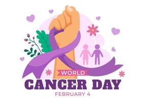 värld cancer dag vektor illustration på februari 4 med band till höja medvetenhet av cancer och kvinna sjukvård i platt tecknad serie bakgrund