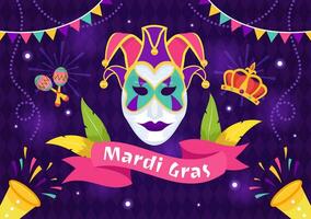 mardi gras karneval vektor illustration. översättning är franska för fett tisdag. festival med masker, maracas, gitarr och fjädrar på lila bakgrund