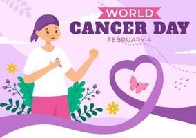 Welt Krebs Tag Vektor Illustration auf Februar 4 mit Band zu erziehen Bewusstsein von Krebs und weiblich Gesundheitswesen im eben Karikatur Hintergrund