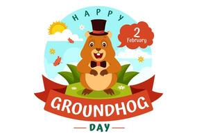 Lycklig groundhog dag vektor illustration på februari 2 med en groundhog djur- dök upp från de hål landa och trädgård i bakgrund tecknad serie design