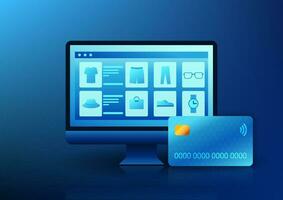 e-handel företag teknologi de dator skärm har handelsvaror längs med en kreditera kort. den hänvisar till försäljning Produkter genom en hemsida eller app. kunder kan inköp Produkter Allt över de värld. vektor