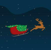 Winter Weihnachten Nacht.die Schlitten ohne Santa claus bringen das Weihnachten Baum auf Schnee fällt. Weihnachten Karte. vektor