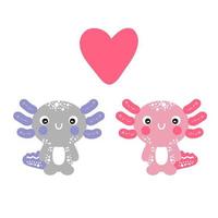 handritad två söta axolotlar med hjärta. vektor