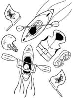 Kajakpaddling vektor klotter objekt uppsättning, hand dragen illustration av kajak, teckning