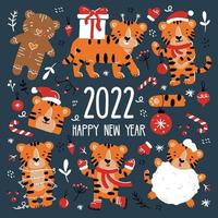 nytt år och jul roliga tigrar i julklappsdräkter. vektor