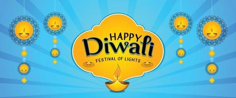 glada diwali -hälsningar på blå bakgrund med festliga dekorationer vektor
