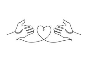 durchgehende einzeilige Zeichnung von zwei geöffneten Händen mit Herzform vektor