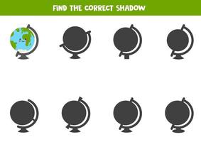 Finden Sie den richtigen Schatten des niedlichen Globus. logisches Puzzle für Kinder. vektor