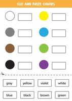 Schneiden Sie Namen von Farben aus und fügen Sie sie ein. Arbeitsblatt für Kinder. vektor