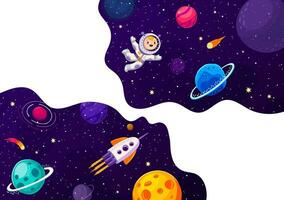 Plats baner, tecknad serie astronaut Rymdskepp i galax vektor