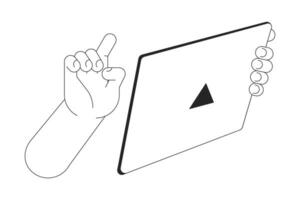 använder sig av elektronisk läsplatta tecknad serie mänsklig händer översikt illustration. bläddring internet på grej 2d isolerat svart och vit vektor bild. uppkopplad handla, rullning platt enfärgad teckning klämma konst