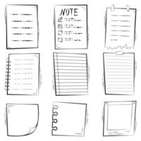 uppsättning pappersark. anteckningar, påminnelser, att-göra-lista, anteckningsblock. vektor