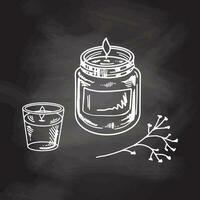 handgemalt Gekritzel Wachs Kerzen im ein Glas Glas-Kerzenständer mit ein Zweig auf Tafel Hintergrund. Schönheit kosmetisch Element, selbst Pflege. skizzieren Stil. vektor