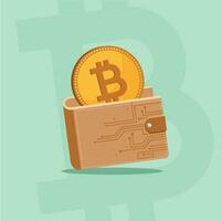 Illustration von ein Bitcoin mit ein Digital Brieftasche auf ein Grün Hintergrund vektor