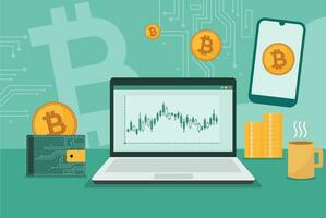 handel. illustration av pc som visar bitcoin utbildning grafer. investering begrepp vektor