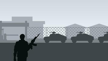 Militär- Base Landschaft Vektor Illustration. Silhouette von beim Militär- Base mit Soldat und gepanzert Fahrzeuge. Militär- Landschaft zum Hintergrund, Hintergrund oder Landung Seite