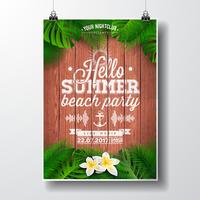 Vector hallo Sommer-Strandfest-Fliegerillustration mit tropischen Anlagen und Blumen.