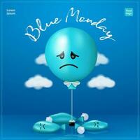 blå måndag. en ledsen blå ballong eftersom hans vän är tömd, med moln runt om honom. 3d vektor, lämplig för evenemang och mental hälsa vektor