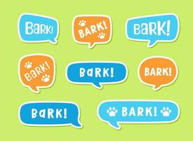 bark text i en Tal bubbla ballong uppsättning, digital klistermärke design. söt tecknad serie serier hund valp ljud effekt och text. texturerad vektor illustration.