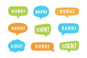 bark text i en Tal bubbla ballong uppsättning, digital klistermärke design. söt tecknad serie serier hund valp ljud effekt och text. texturerad vektor illustration.