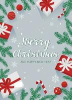 jul kort med silver- bakgrund med dekorativ element av gran grenar, gåva lådor, jul träd bollar, randig godis käppar för ny år hälsningar till familj och vänner vektor