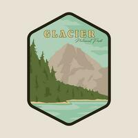 Gletscher National Park Jahrgang Logo, Symbol und Symbol Vektor Illustration Design, Landschaft Aussicht Berg und Fluss Reise Jahrgang Logo Design.