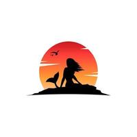 fantastisches Meerjungfrau-Sonnenaufgang-Silhouette-Vektor-Maskottchen-Logo vektor
