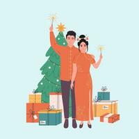 Chinesisch Familie feiern Weihnachten oder Neu Jahr. Weihnachten Baum mit die Geschenke. Chinesisch Neu Jahr. vektor